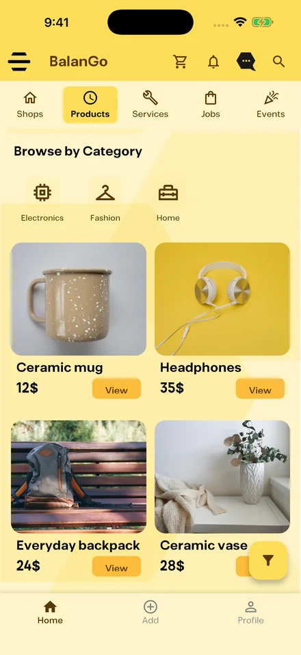 Browse products by category, open a listing to check its details and discover the shop behind it. If you sell, create your own shop and organize your products into sections.
